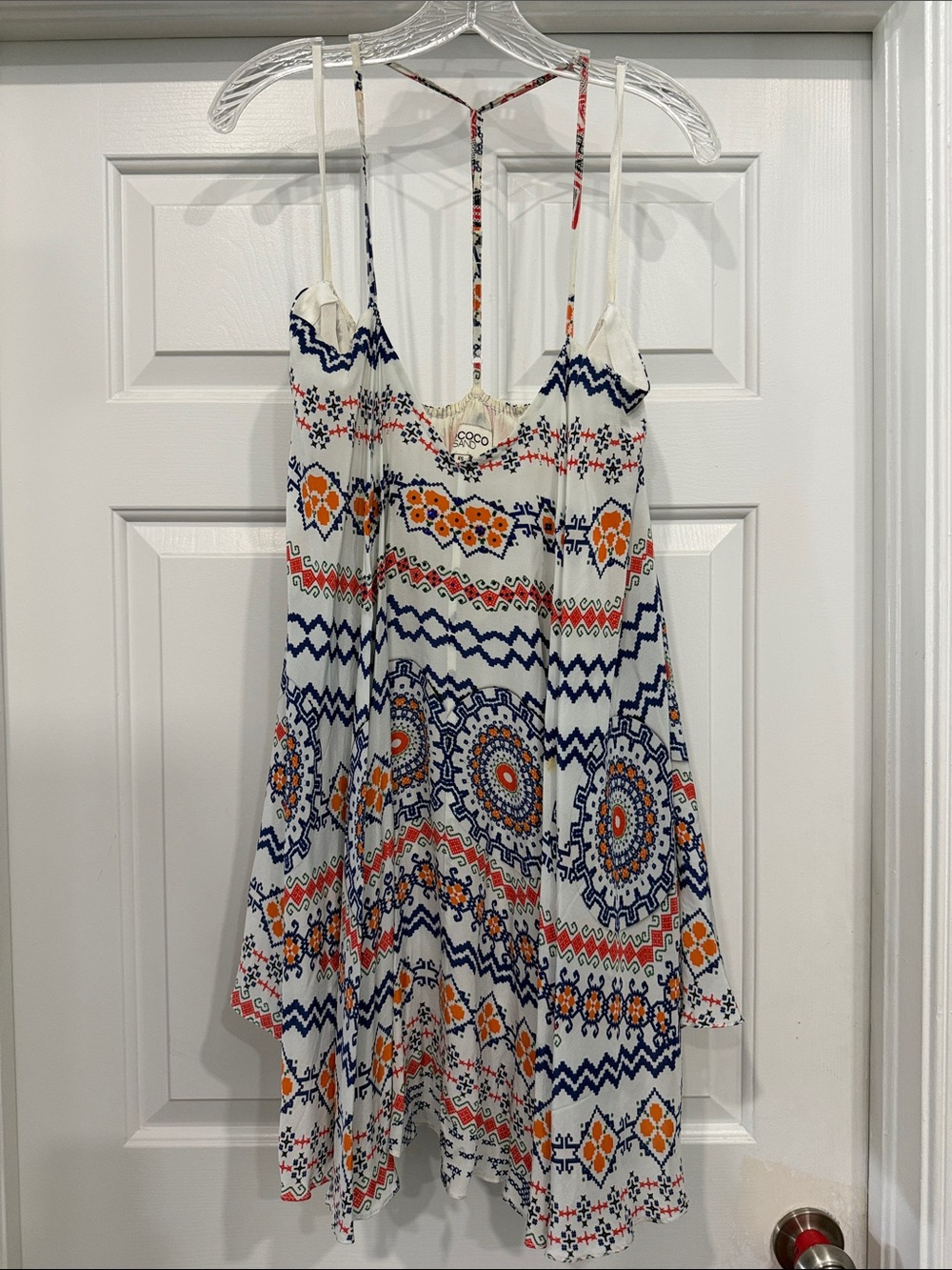 Rococo Sand White Spaghetti-Strap Boho Print Dress with Blue and Orange Motifs